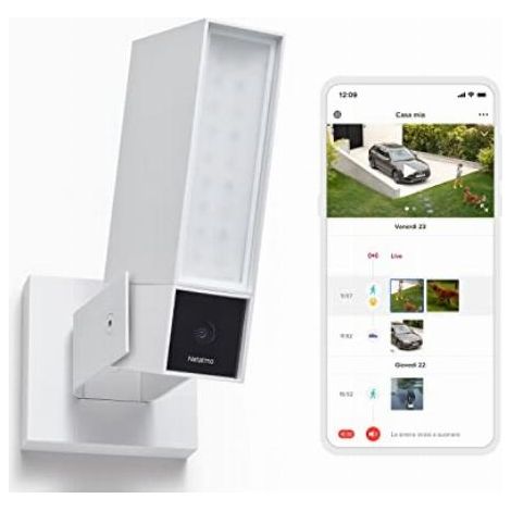 Netatmo Videocamera Esterna di Sorveglianza Intelligente Sirena da 105dB Wi-Fi illuminazione integrata rilevamento dei movimenti visione notturna senza abbonamento bianca NOC-S-W-IT