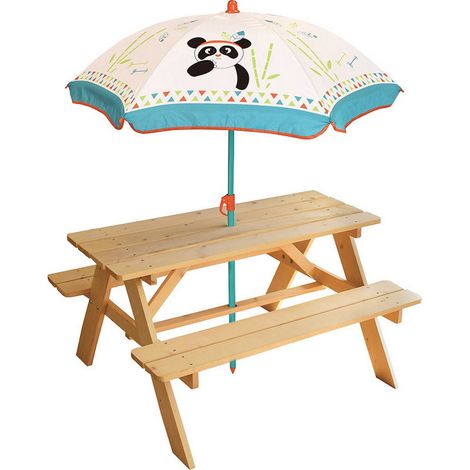 Table pique-nique en bois pour enfant avec parasol INDIAN PANDA – Mobilier de jardin – Dimensions adaptées aux enfants – Cijep