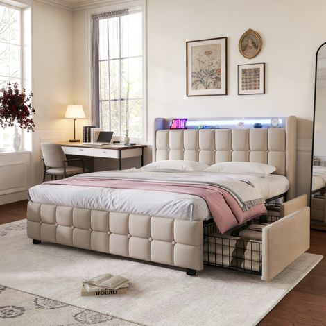 Bett Erwachsene 160x200 cm mit LED-Beleuchtung und USB-Anschlüssen, Doppeltes Polsterbett 160x200 cm mit 4 Schubladen, Lattenrost, Leinenbezug, Beige (1/5)