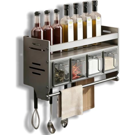 Étagère à épices murale sans perçage avec 4 pots à épices et porte-rouleau de cuisine, étagère de cuisine en acier inoxydable à suspendre avec cuillère et crochet - Organiseur mural pour (1/5)