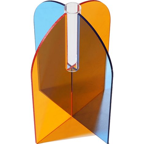 Vase géométrique en acrylique, finitions soignées, facile à nettoyer, style minimaliste, idéal pour le salon, une table ou une porte. Couleurs : orange et bleu. Dimensions : 20 x 15 x 2 cm. (1/5)