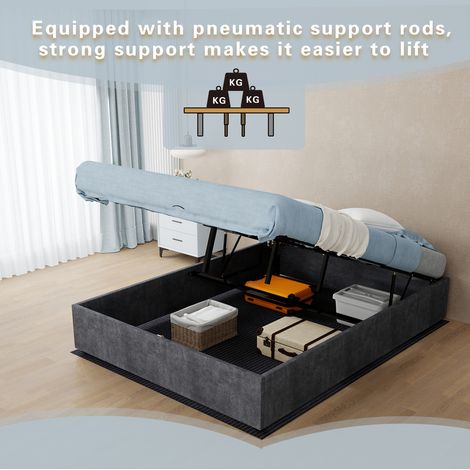 MODFU – Cama con almacenamiento 140x200 cm de tejido gris con respaldo ajustable, LED y estructura de metal estable – Gris (1/5)