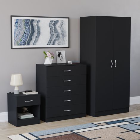 Riano 3 Piece Bedroom Set (1 Drawer Bedside Chest, 5 Drawer Chest, 2 Door Wardrobe) Black (1/5)