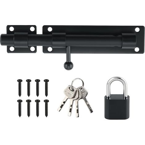 Loquet Porte Exterieur Verrou Porte Coulissante avec Cadenas et 4 Clés, Verrou Portail Robuste en Acier Inoxydable, 180MM Longueur, Noir Mat, EMST8080-B (1/5)