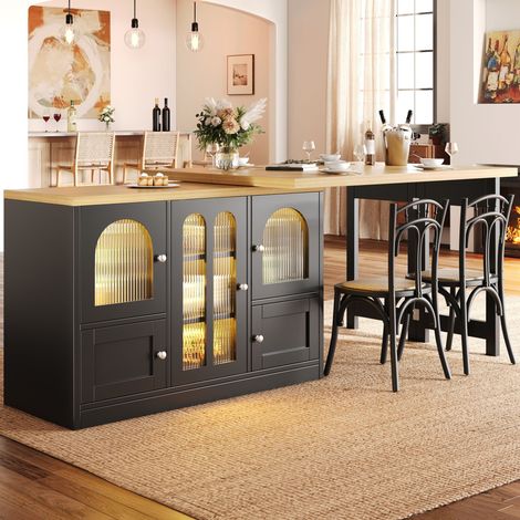 Îlot de cuisine multifonction 3 en 1 avec table à manger extensible, meuble de rangement avec portes vitrées, éclairage LED RGB contrôlé par application, noir (1/5)