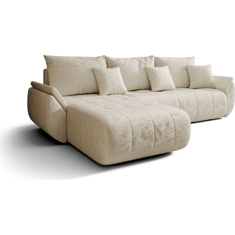 Canapé d’angle velours beige convertible avec coffre NOVA angle gauche-Blanc cassé-angle gauche (1/5)