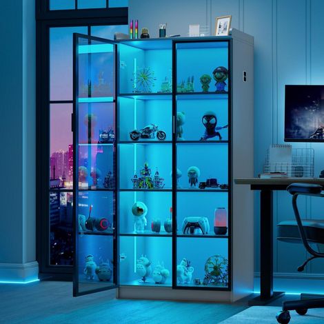 Vitrinenschrank mit RGB LED, kabelloser Ladestation und USB-C, 35x70x165cm, Grau (1/5)