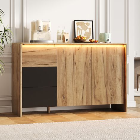 Credenza in truciolare natural e nero con 2 ante, 3 cassetti, LED multicolore e divisorio interno regolabile
