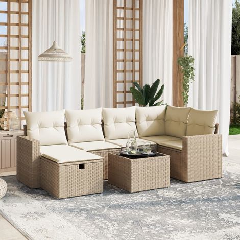 Set sofás de jardín 7 piezas y cojines ratán sintético beige vidaXL (1/4)
