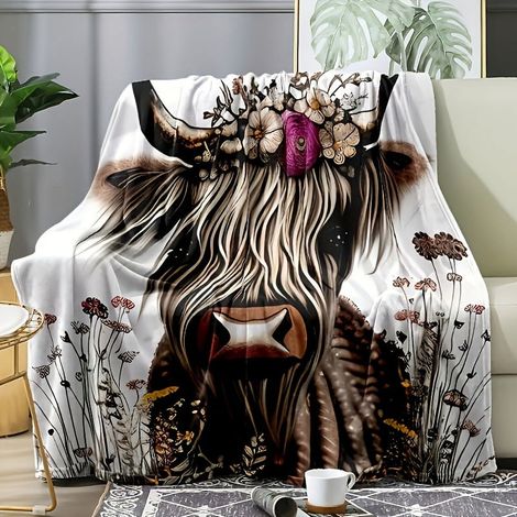Couverture En Flanelle - Motif Vache Highland Et Fleurs - Pour Canapé Lit Voiture Bureau Camping - 1 Pièce (1/5)