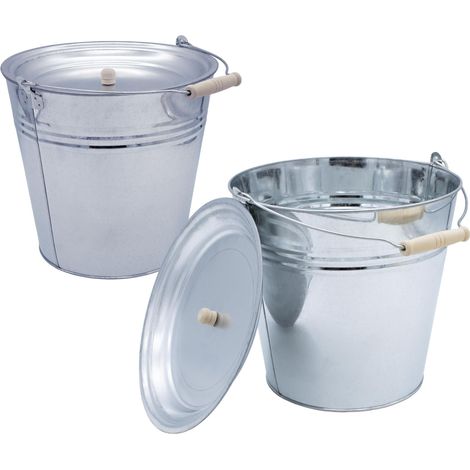 Deko Zinkeimer silber 12 L mit Holzgriff und Deckel - 2er Set