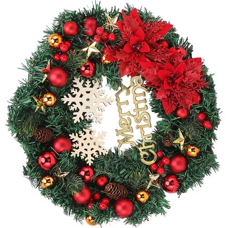 Couronne de Noël enneigée avec pommes de pin et boules de Noël pour décorations de fêtes intérieures et extérieures (1/5)