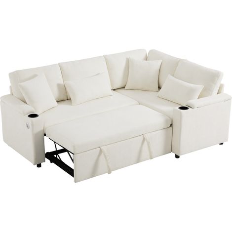 Canapé d’angle en L convertible et extensible avec rangement, porte-gobelet, port de charge USB, tablette d’accoudoir et quatre coussins, beige (1/5)