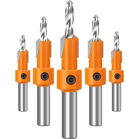 5 Pièces 8mm Foret Chanfrein à Bois Chanfrein Compteur, Forets Fraisés à Chanfreiner pour le Travail du Bois, avec Clé Hexagonale HSS Conique (1/5)