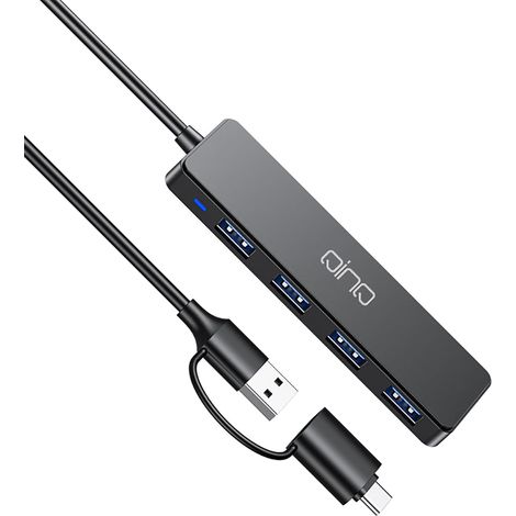 Hub USB 3.0 4 Ports avec Câble Double Tête (USB-C + USB-A, 0,5 m) – Noir, Puce Indépendante, LED Bleue, Plug & Play pour PC, Mac, Android (1/5)