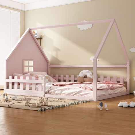 Kinderbett Hausbett mit Geländer 140x200 Rosa Kiefer OKMYHOME (1/5)