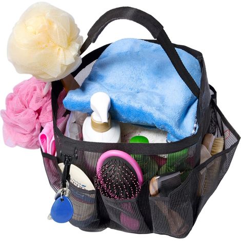 Panier de douche en filet noir avec 8 poches pour suspendre les articles de toilette portables (25 x 25 x 20 cm) (1/5)