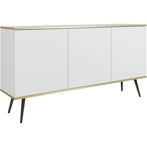 Buffet 160 cm, 3 portes, 6 étagères, ouverture push-to-open, Blanc, pieds noirs, 160 x 39 x 85 cm (1/5)