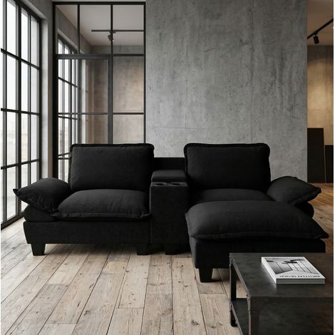 Canapé d'angle modulaire en chenille noire 224x151x90 cm avec ottomane amovible, USB, rangement et porte-gobelets (1/5)