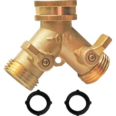 Raccord en Y en laiton massif pour tuyau d'arrosage (2 voies), avec 2 valves et 2 joints en caoutchouc supplémentaires. (1/5)