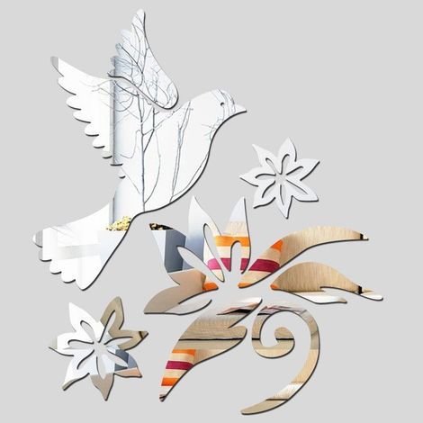 Stickers Muraux Miroir Acrylique Colombe De Paix Et Fleurs Avec Branches Olivier Pour Décoration De Mur Autocollants Diy Réfléchissants (1/5)