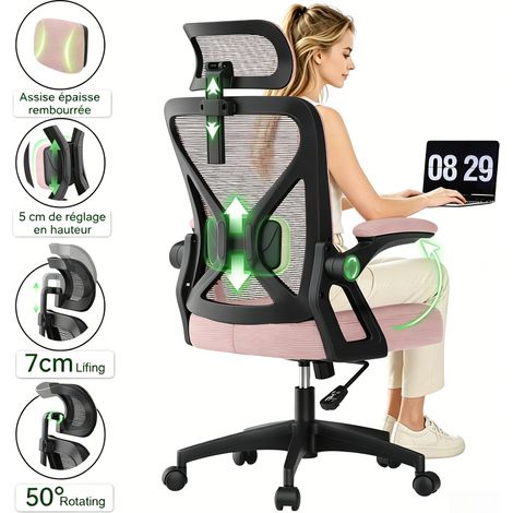 Chaise de bureau ergonomique, dossier, accoudoirs et appui-tête réglables, soutien dorsal renforcé, charge maximale de 150 kg, inclinaison à 120°, rose