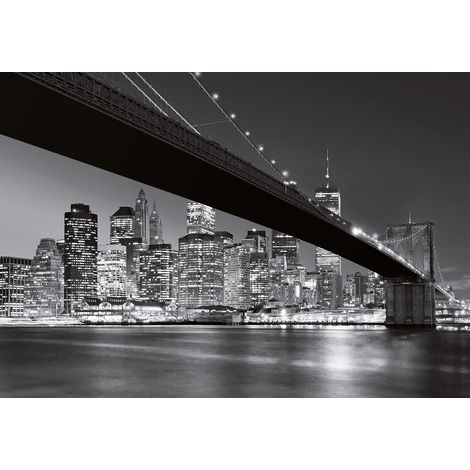 Papier peint panoramique chambre et bureau moderne | Tapisserie panoramique urbain pont Manhattan | Papier peint panoramique New York noir et blanc - 366 x 254 cm (8 pièces) (1/2)