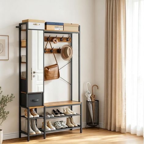 Appendiabiti da ingresso 6 in 1 con specchio, panca e scarpiera 100x30x180 cm OKWISH (1/3)