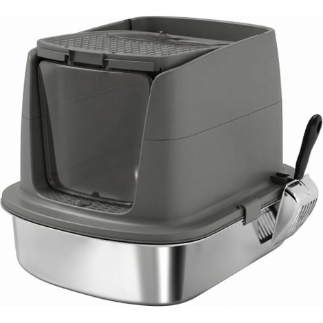 Lettiera per gatti di grandi dimensioni in acciaio inox, con vassoio raccogli-sabbiera chiuso, paletta in metallo e sacchetto antiodore, colore grigio scuro, spedizione inclusa. (1/5)