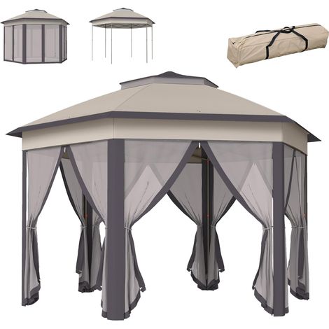 Gartenpavillon Faltpavillon 4x4m Pop-Up-Zelt Partyzelt mit Tragetasche und 6 Seitenteilen, Doppeldach sechseckig in Kaffee und Beige (1/5)