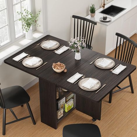 Table à manger pliante et extensible 130 cm - Plateau épais, 6 roulettes et étagères - Noyer foncé (1/5)