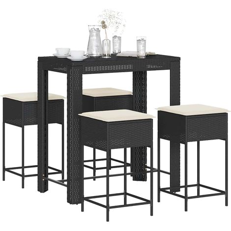 Ensemble bar de jardin 5 pièces en poly rotin noir avec 4 tabourets et coussins - PANGIVO (1/5)