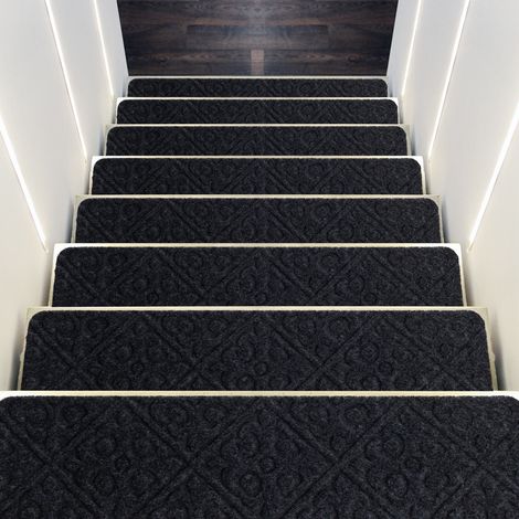 Tapis d'escalier gris en polyester, lot de 15 avec film adhésif antidérapant réutilisable, pour escalier intérieur et maison (1/5)