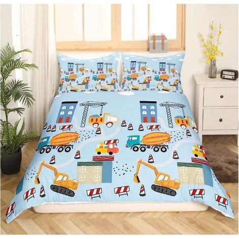 Excavatrice Construction Housse de Couette 140x200cm Adolescent Bleu Voiture Literie Enfants Taie d'oreiller 65x65 Microfibre - YL6 (1/4)