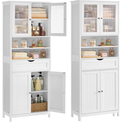 Mobiletto da bagno con illuminazione 30 x 60 x 170 cm con ripiani regolabili cassetto e vani a giorno per bagno soggiorno o sala da pranzo bianco 120008023