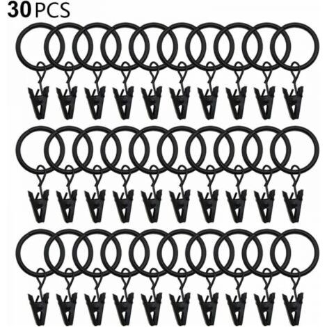 30 anelli per tende con clip, robuste clip per tende, ganci su staffa per asta di tensione, occhielli metallici con diametro interno, ganci decorativi per tende, nero