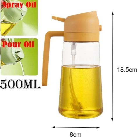 (2 utilisations, jaune, 500 ml) Flacon pulvérisateur d'huile en plastique 2 en 1 de 500 ml, distributeur d'huile, burette à huile, outil pour barbecue, cuisine, pâtisserie, rôtissage, pique-nique (1/5)