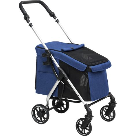 Poussette pour chien et chat aluminium jusqu'à 10 kg pliable coussin filet panier bleu foncé