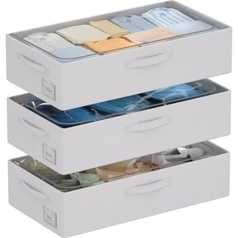Lot de 3 bacs de rangement sous le lit avec cadre en métal – Organiseur de chaussures pour placard avec housse transparente en tissu Oxford robuste, pliable et empilable (gris, 60 x 30 x 16 cm) (1/5)