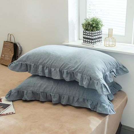 Lot De 2 Housses d'oreiller 48x74 Cm en Coton Pur - Motif Vichy/À Carreaux avec Volants Décoratifs - Style Shabby Chic Et Rustique pour Décanter Lit, Canapé, Chambre(Light Blue) (1/5)
