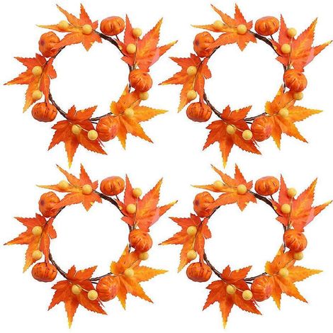 4 petits anneaux de bougie en forme de couronne de feuilles d'érable, décorations de Noël, d'Halloween et de Thanksgiving-18x18cm-Orange (1/2)