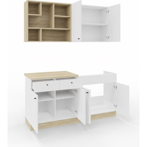 Tendencio – Cuisine complète Maze 160 cm – Finition bois et blanc – Style nordique scandinave – Meuble de cuisine tendance