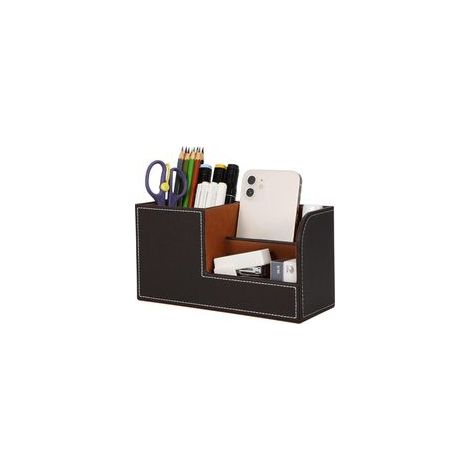 Boîte de rangement de bureau, rangement de bureau en cuir, porte-stylo élégant, boîte de rangement de papeterie peu encombrante, 3 compartiments à stylos (marron)