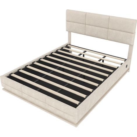 Cama moderna 180x200 cm de terciopelo beige con LED, USB/Tipo-C y cabezal regulable (1/5)