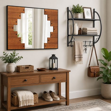 Set di asciugamani da bagno da parete (2 pezzi) – Portasciugamani in ferro nero con ripiano e specchio con cornice in legno (1/5)