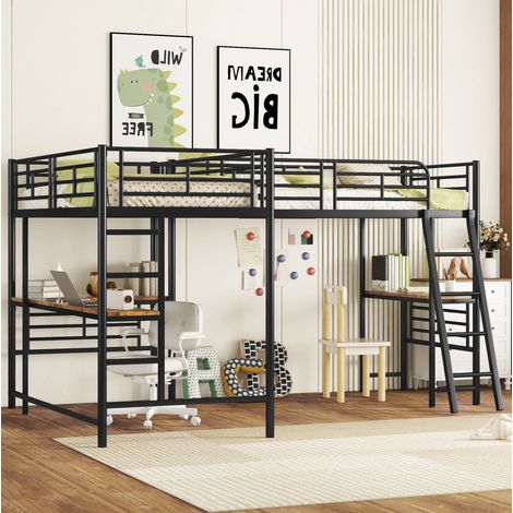 Bett Hochbett 90x200 cm aus MDF und Metall schwarz mit Schreibtisch, Doppelleiter und hohem Geländer (1/5)