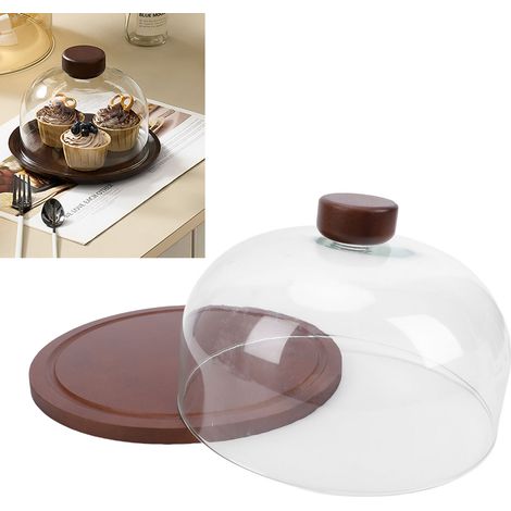 Présentoir à gâteaux en bois avec couvercle en verre, plateau rond de service pour charcuterie, desserts et fruits, idéal pour les mariages, les fêtes et les réunions de famille. (1/5)