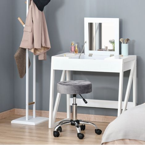 Tabouret de salon en polyester gris clair, réglable en hauteur, pivotant avec roulettes 360°, Ø35 x 49-61 cm (1/5)