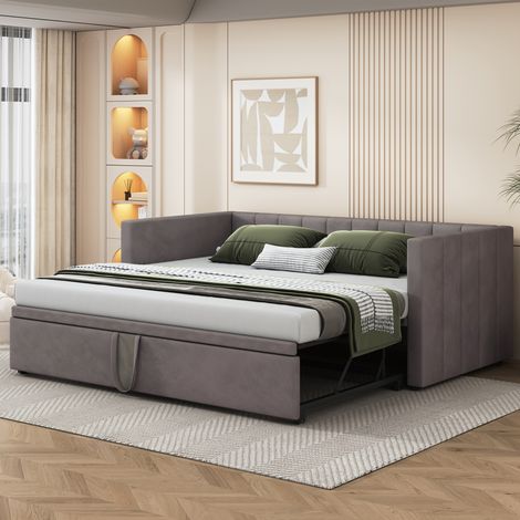 Canapé convertible gris velours avec matelas 90x200 cm, sommier à lattes, lit d'appoint extensible 2 places, meuble multifonction doux au toucher