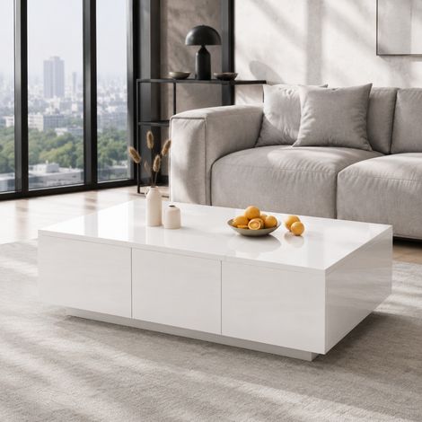 Tavolino da salotto con vani nascosti e 2 cassetti, 100 x 50 x 31 cm, bianco lucido DESVIAE (1/5)